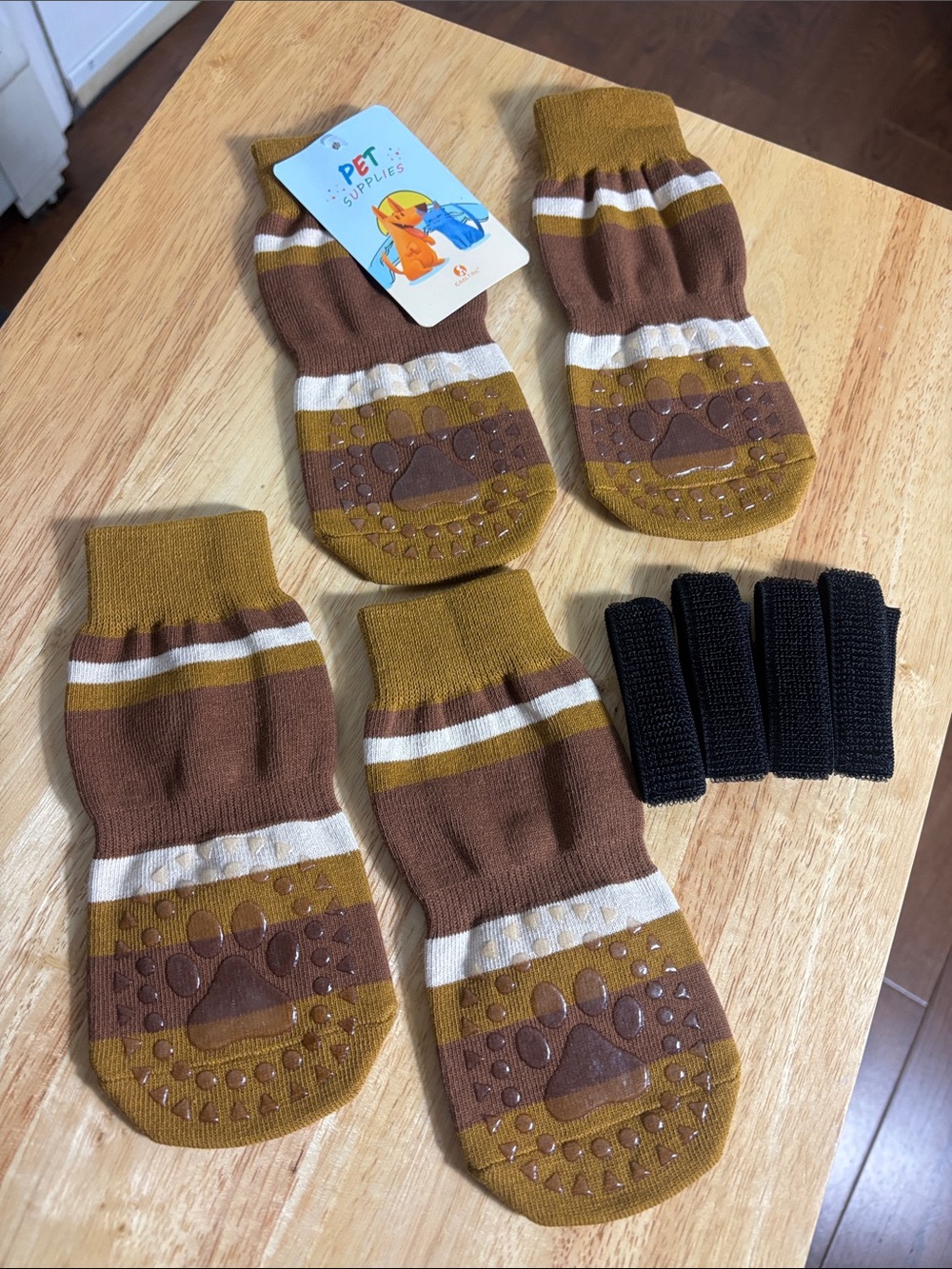 New Non-Slip Brown & Mustard Dog Socks, Pack of 4